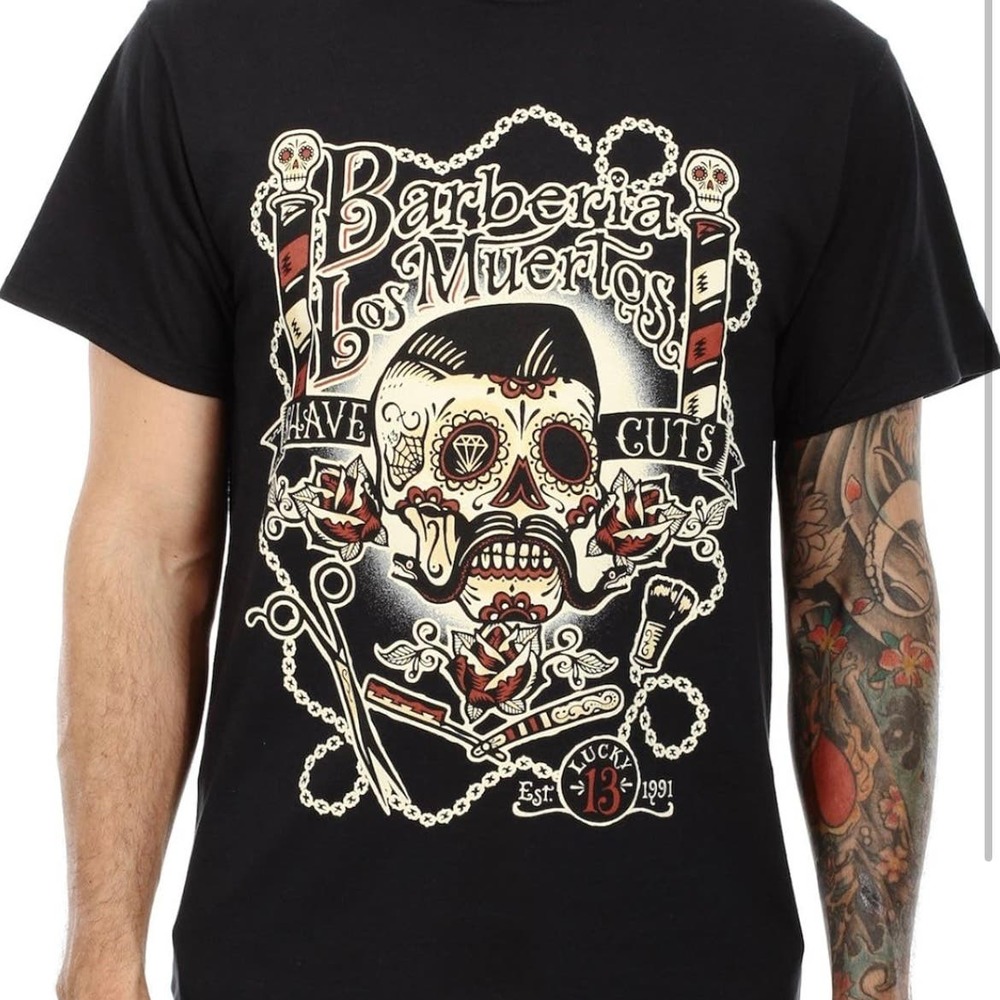 Lucky 13 Barbería Los Muertos Punk Black Short Sleeve T-Shirt Men’s size Medium